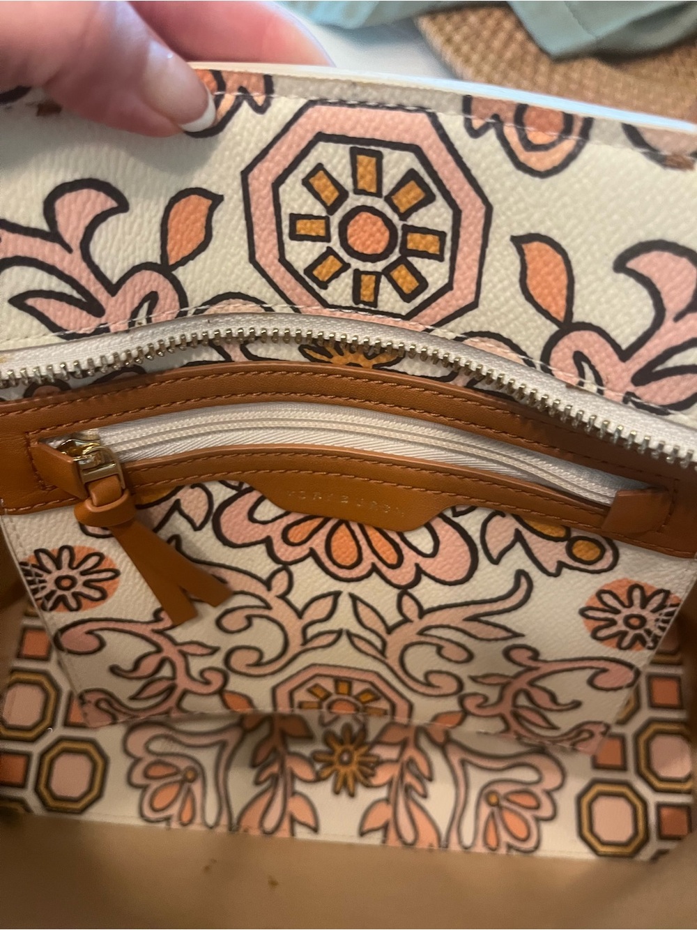 Tory Burch Cream Canvas Floral-Print Tote with Tan Leather Handles - Picture 6 of 15